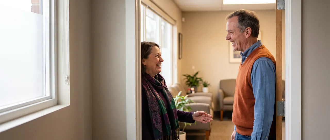 Clinic owner laughing while greeting a long-time patient at the door
