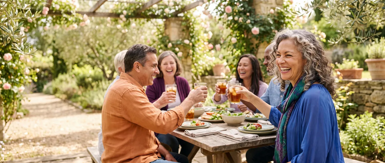 Friends over fifty laughing at an outdoor garden lunch