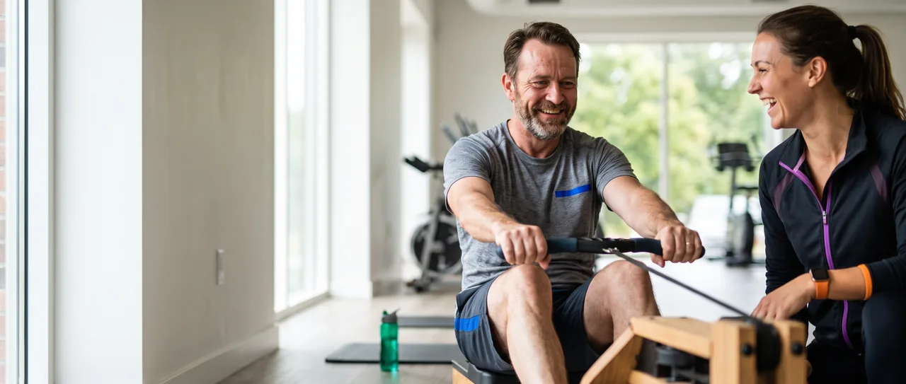 Man in his forties smiling on a rowing machine with his trainer