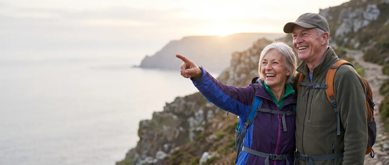 Couple in their sixties laughing on a sunrise coastal hike
