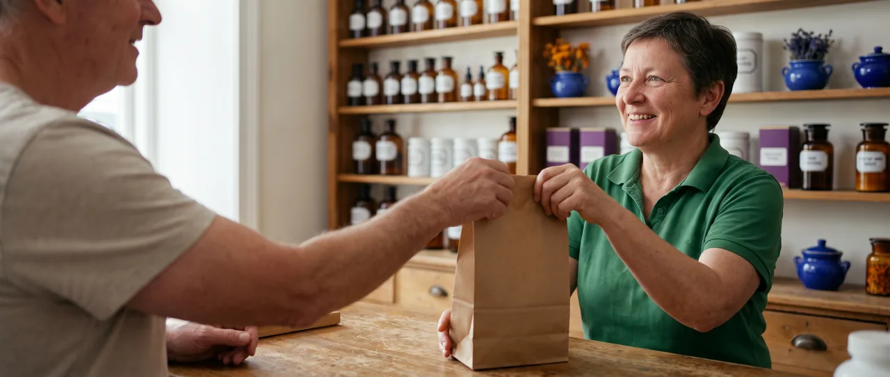 Compounding pharmacist handing a prescription bag to a smiling customer