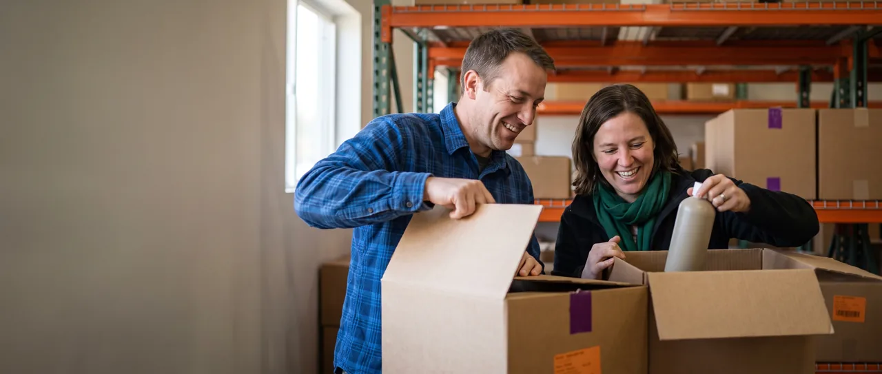 Peptide brand founders smiling while unboxing their first shipment