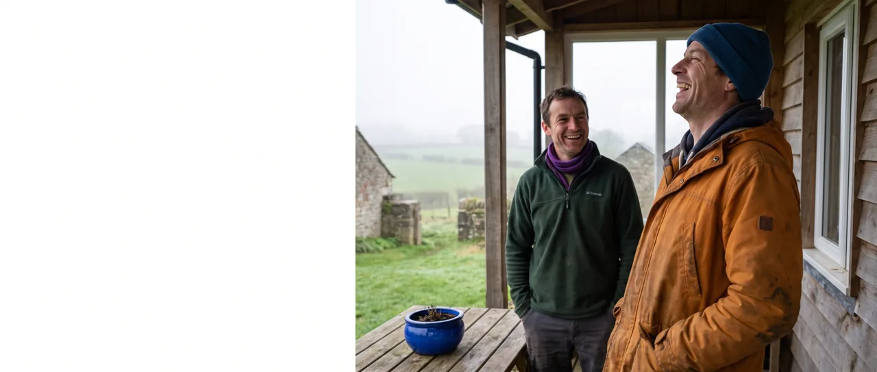 Service center owner laughing with a colleague on a farmhouse porch