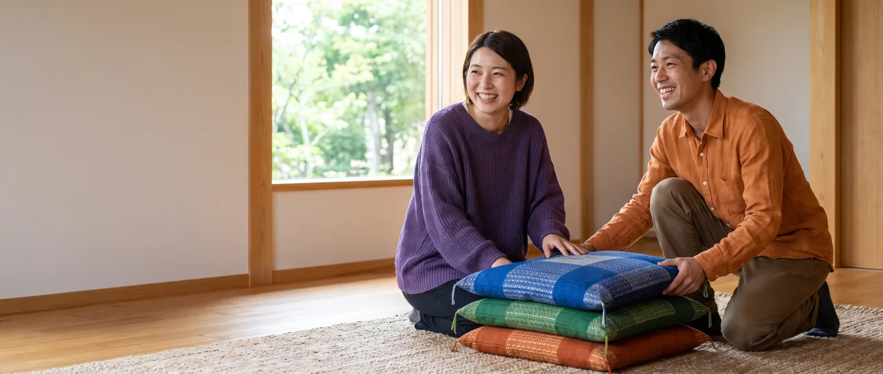 Service center staff laughing while preparing a serene session room