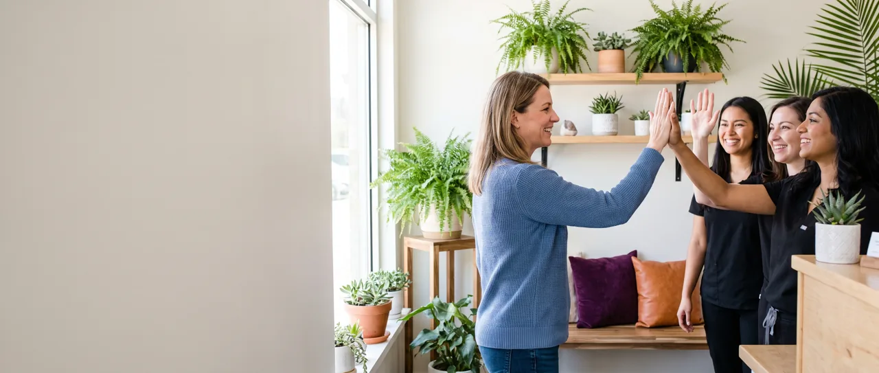 Clinic owner high-fiving her team in a bright reception